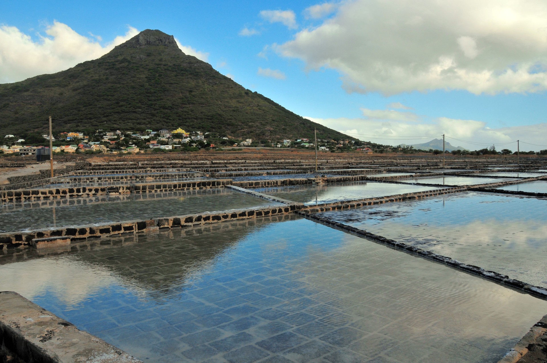 Tamarin salt pans and La Tourelle mountain, Tamarin, Mauritius